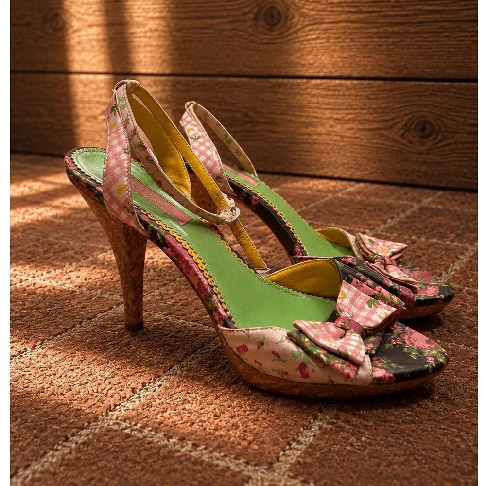Vintage Y2K Betsey Johnson Floral Gingham Bow Sandals Cork Heel 8.5 Cottagecore